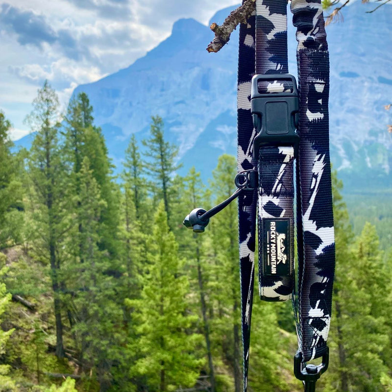 Load image into Gallery viewer, Dog leash hanging from a tree with a mountain in the background in hoodoos trail head, banff, ab