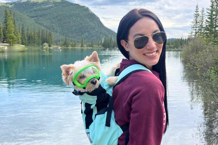 A woman wearing aviator sunglasses and a burgundy hoodie carries a small dog in a light blue pet backpack. The dog is wearing a green dog goggles